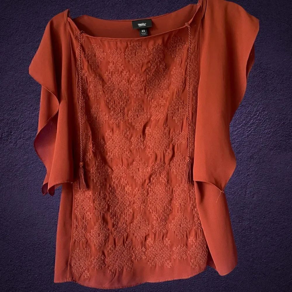 Mossimo Supply Co.Brown embroidery Ruffle sleeves shiny silky top Size S